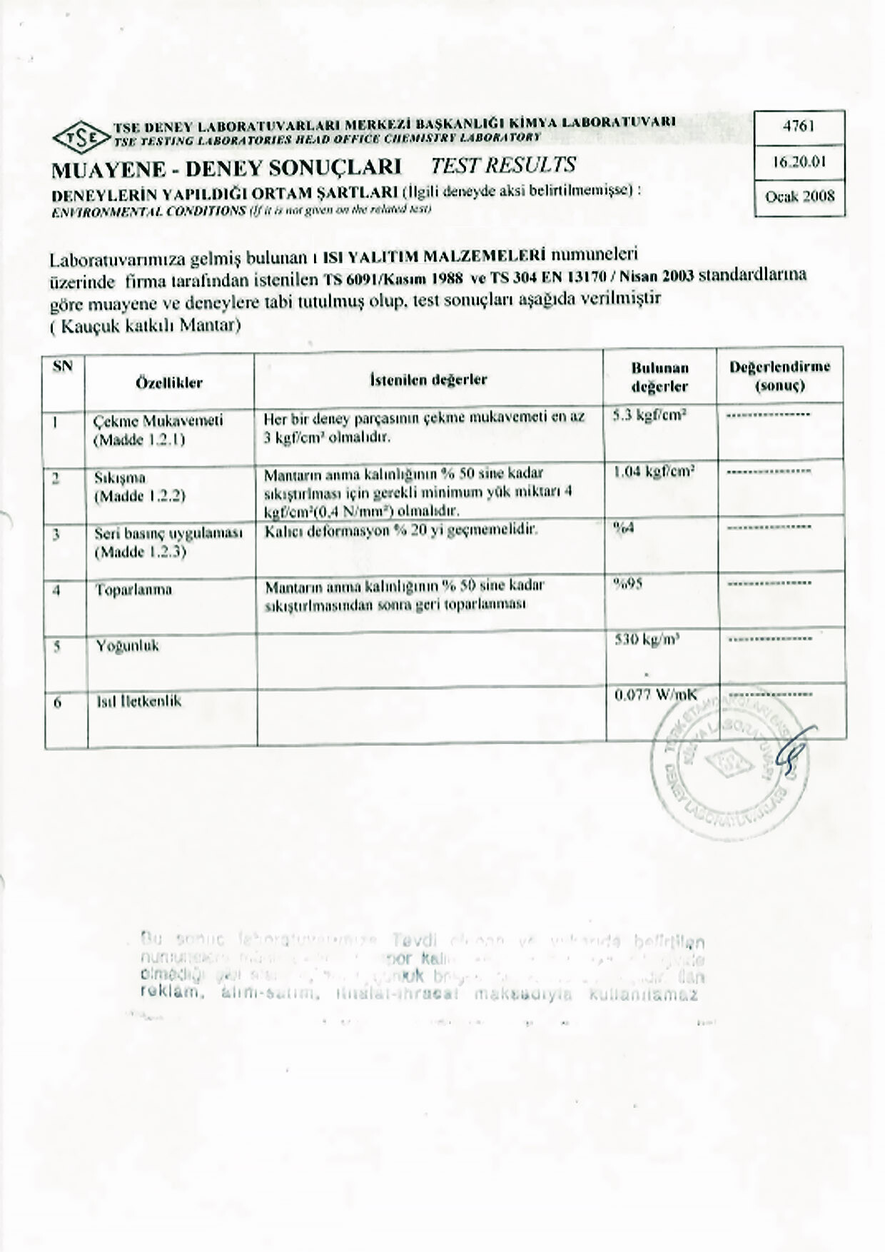 Mantarli Kaucuk Kalite Sertifikasi TSE 4